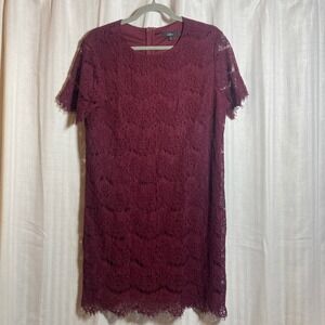 Lulus Burgundy Lace Shift Dress Short Sleeve Eyelash Trim Wine Red XL Brunch